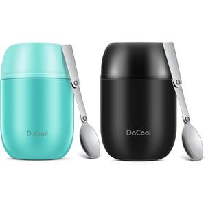 DaCool 2 Pack Food Thermo for Hot Food 16 OZ Insulated Food Jar Kids Adult Vacuum Stainless Steel Lunch Thermo Insulated Lunch Container for School Office Picnic Travel Outdoors,Black+Cyan Blue