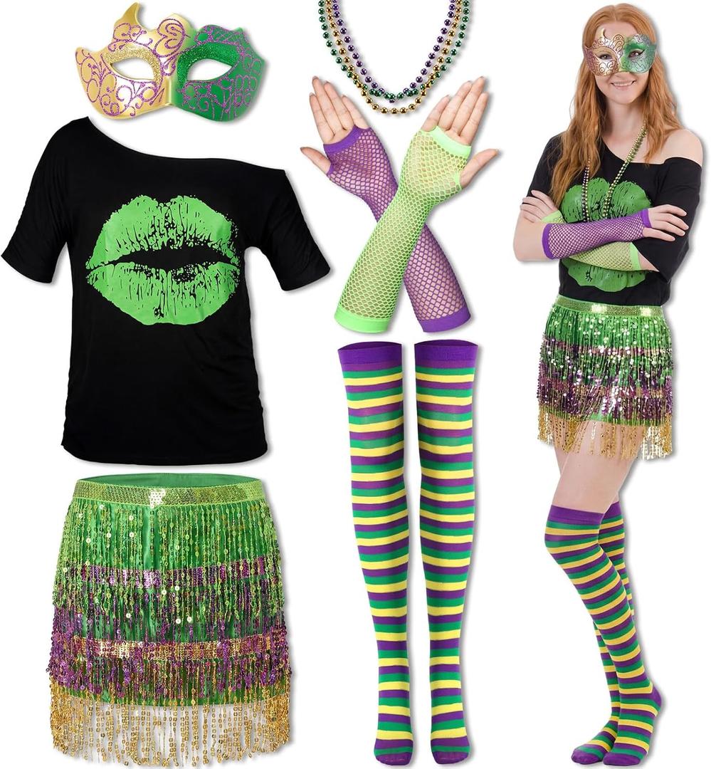 SATINIOR 6 Pcs Mardi Gras Outfit for Women Mardi Gras Costume Purple Sequin T-Shirt Skirt with Feather Mask Beads Necklaces (Medium, Green)