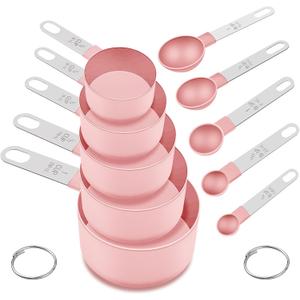 Measuring Cups and Spoons Set, 10 Pieces Nesting Measure Tools, Kitchen Essentials Gadgets with Stainless Steel Handle for Dry & Liquid Ingredient, Pink