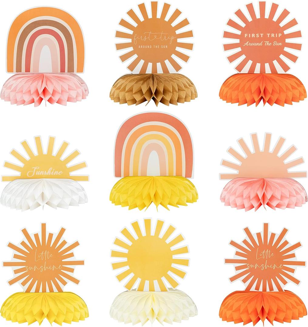 9Pcs Boho Sun Honeycomb Centerpieces Table Toppers Hippie Rainbow Muted Sunrise Table Decor First Trip Around the Sun Birthday Party Decoration Baby Shower Supplies for Baby Boys Girls