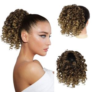 PEACOCO Curly Ponytail Extension Drawstring Ponytails for Black Women - 6 Inch Pony Tail Clip on Ponytail Synthetic Short Afro Hairpiece for Daily UseT33/27#