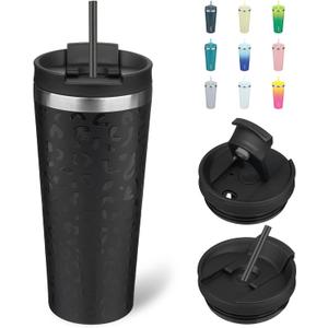 BJPKPK 22oz Insulated Tumbler With lid And Straw Stainless Steel Tumblers Travel Coffee Mug Reusable Thermal Cup, Black Leopard