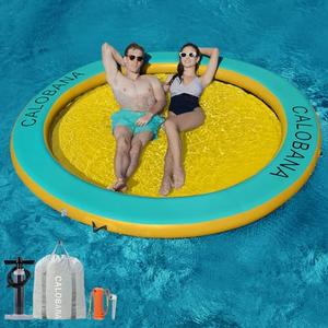 CALOBANA 10ft Circle Floating Dock, Inflatable Water Hammock Floating Ring with Mesh Inflatable Water Raft for Ocean Summer Party Adults, Yellow