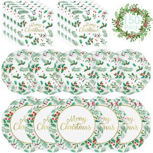 150 Pcs Merry Christmas Plates and Napkins - Disposable Christmas Paper Plates and Napkins, Holly Leaves Red Berries Tableware Sets for Winter Xmas Party Table Decorations Supplies Favors, Serve 50