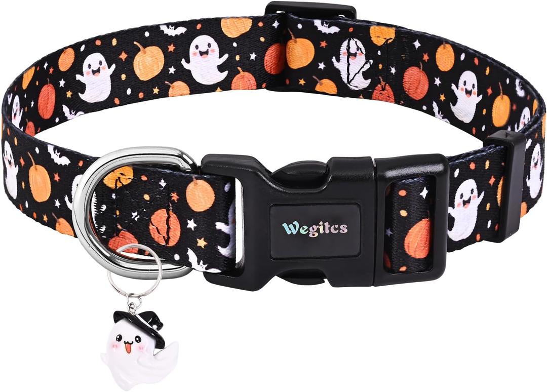 Halloween Dog Collar, Black Pumpkin Ghost Dog Collars, Soft Adjustable Fall Puppy Collar with Cute Pendant, Heavy-Duty Halloween Holiday Pet Collar for Small Medium Large Dogs-Small