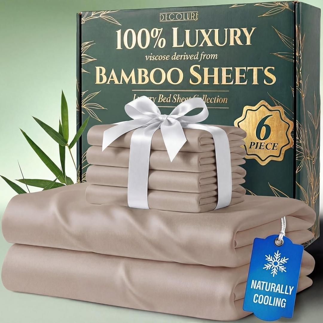 DECOLURE 100% Viscose Derived from Bamboo Sheets California King Size - Luxury 6 Pc Naturally Cooling Sheets, Ultra Soft Bed Set - Deep 17" Pockets, Double Stitching, Oeko Tex Standard (Taupe)