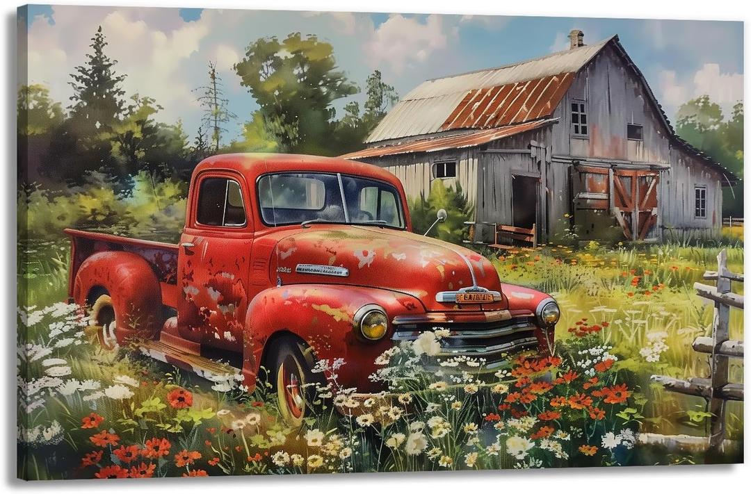 Farmhouse Canvas Wall Art Old Barn Red Truck Pictures Watercolor Wildflower Landscape Painting Framed Artwork for Living Room Bedroom Decor(Artwork-1,12"x18")