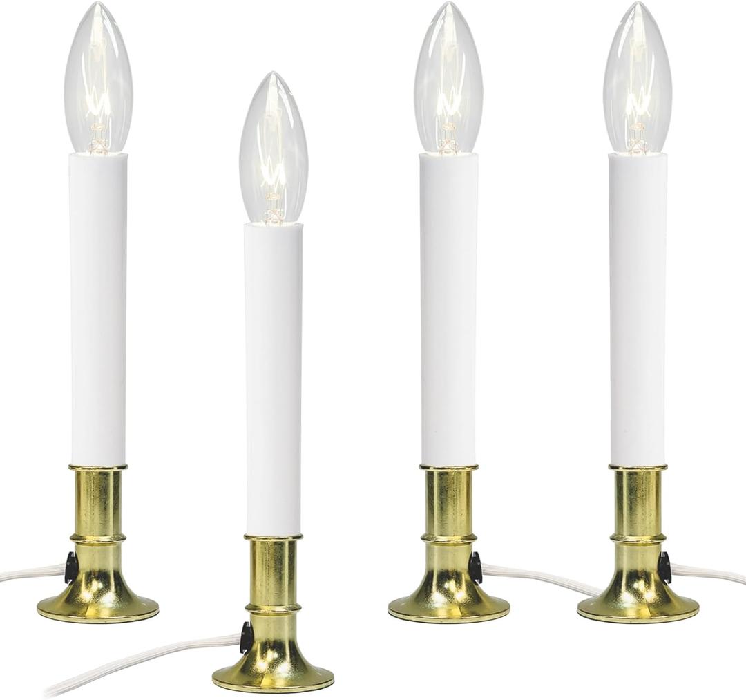 4 Pack Electric Christmas Window CandlesGold Base with 7W C26 Bulbs, Dusk-to-Dawn Auto Sensor, Turns On in Dark - Off in Light