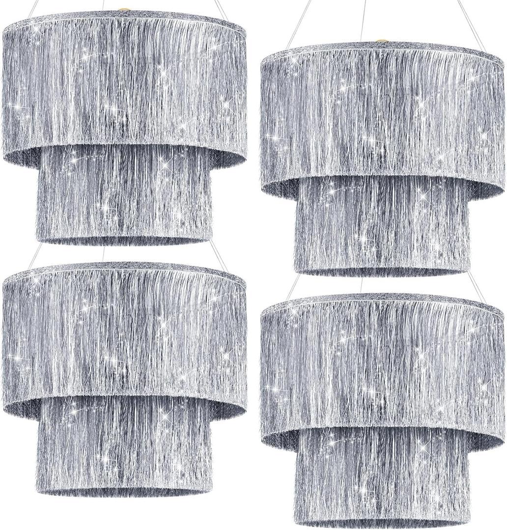 Rossesay 4 Pcs 2 Tier Fringe Tinsel Chandelier Iridescent Foil Party Disco Ball Decor Chandelier Decoration Metallic Foil Shimmering Bachelorette Party Decor Photo Booth Supplies (Silver)