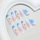 MISUD Press on Nails - Medium Almond Glue on Nails with Summer Blue, Acrylic Handmade Flower Design 24 pcs