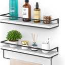 Meangood Floating Shelves Wall Mounted Set of 2, Wall Shelf with Towel Bar Rustic Wood Wall Storage Shelves for Bedroom,Living Room,Bathroom, Kitchen White (2+1 Pack)