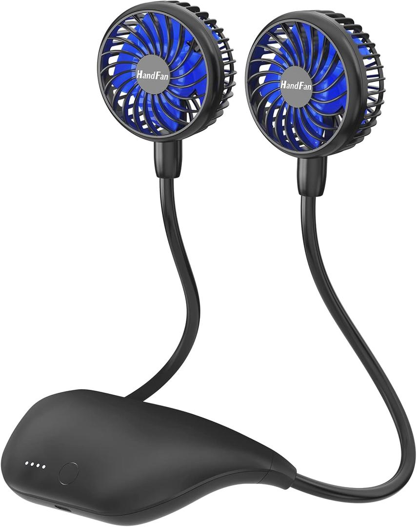 HandFan 10000mAh Neck Fan, 360° Rotation Hands Free Portable Fans for your Neck, 48h Lasting Rechargeable Battery Operated Wearable Necklace Personal Cool Fans for Travel/ Disney/ Sports/ Cycling/ Hiking
 (Black&Blue+10000mAh)