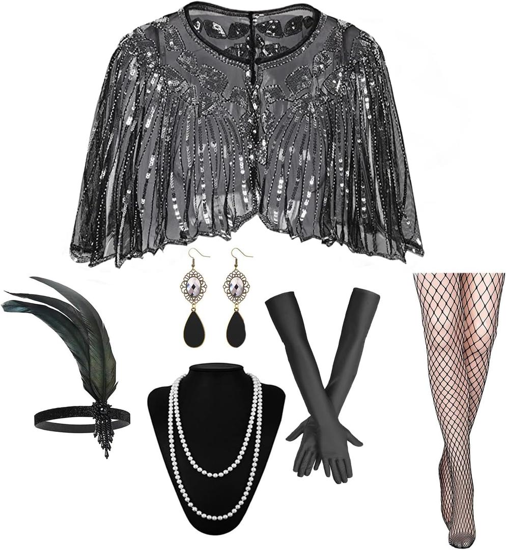 1920s Flapper Accessories Set, Roaring 20s Accessories Women Feather Headpiece Necklace Earrings Long Gloves,Silver Black