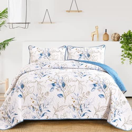 Anibedding Botanical Quilt Set Full, 3 Pieces Reversible Elegant Blue Leaves Pattern Bedspread Coverlet Soft Microfiber Bed Cover for All Season(96"×88")