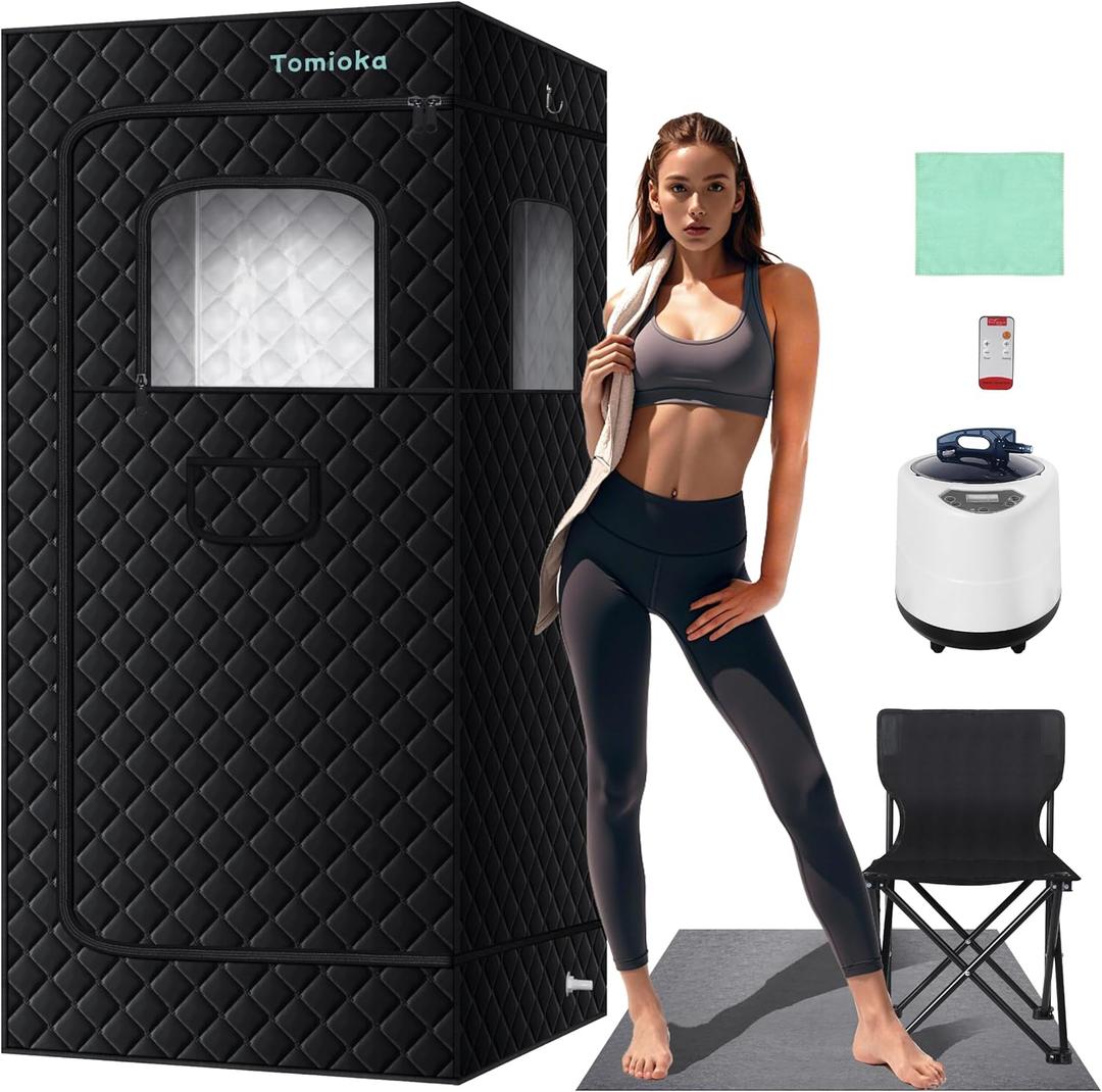 Tomioka Portable Steam Sauna,Personal Sauna for Home,Sauna Tent with 3l 1500w Steamer,Remote Control, Foldable Chair,31.5'X31.5'X70.8' Sauna Box, Black, SN-001