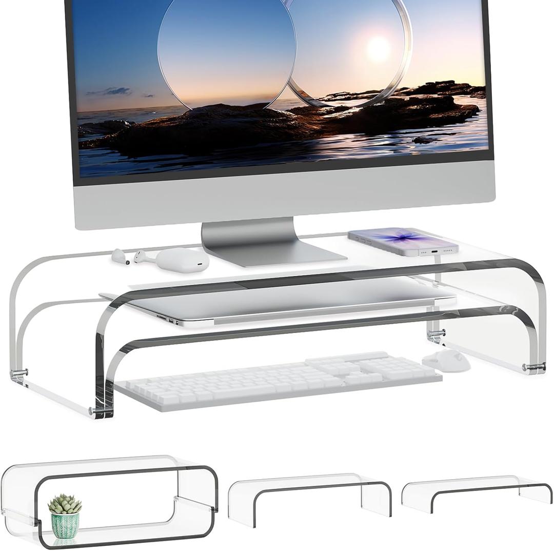Acrylic Dual Monitor Stand Riser 2 Tier, Modular Laptop Stand for Desk, Multifunctional Desktop Organizer Shelf for PC, iMac, Printer, Detachable Monitor Stand for Office or Home, Clear