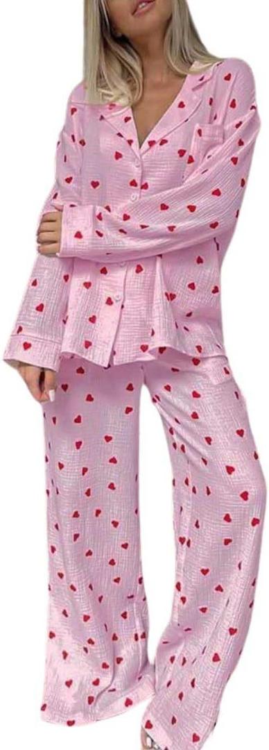 codcm Womens Pajama Sets Cotton Pj Set Cute Heart Print Long Sleeve Button Down Shirt With Long Pants (Large)