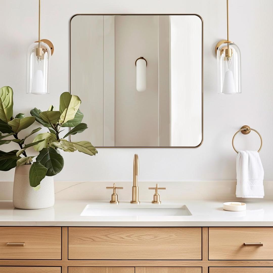 ANDY STAR Square Wall Mirror for Bathroom, 24x24 Brushed Gold Bathroom Mirror, Rounded Corner Metal Mirror in Premium Stainless Steel Frame Hangs Horizontal Or VerticalNo Rose Gold