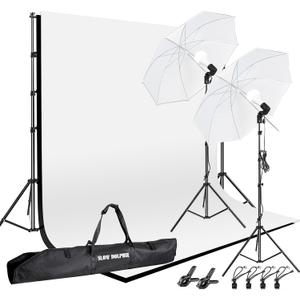 SLOW DOLPHIN 10 x 8.5 ft Photography Photo Video Studio Background Stand Support Kit with Muslin Backdrop (White Black), 5500K 85W LED Blub, Umbrella Lighting Kit for Studio, Portrait, Video Shooting