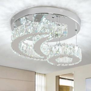 11.8" Crystal Chandeliers Modern Crystal Ceiling Light LED Star Moon Light Semi Flush Mount Chandelier Ceiling Light Fixture for Dining Room Bedroom Hallway (6000K Cool White)