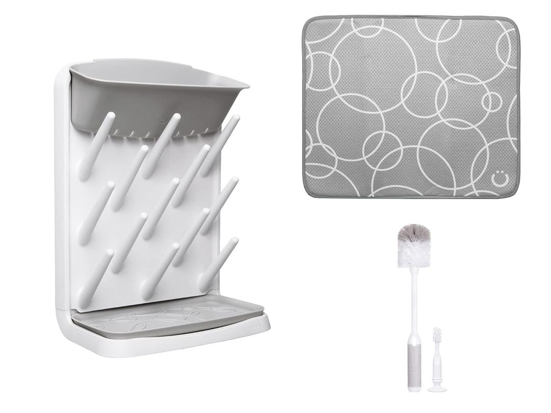 Ubbi Vertical Bottle Drying Rack, Bottle Brush & Microfiber Drying Mat Bundle, Newborn Baby Essentials, Baby Registry Must Haves, New Parent Gifts, Gray