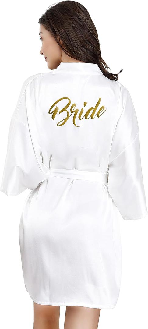 EPLAZA Bride Bridesmaid Robes for Wedding Bridal Party Women Short Solid Color Silky Satin Robe Kimono with Gold Glitters (White, Bride), 
One Size	48.5 - 49.5	11