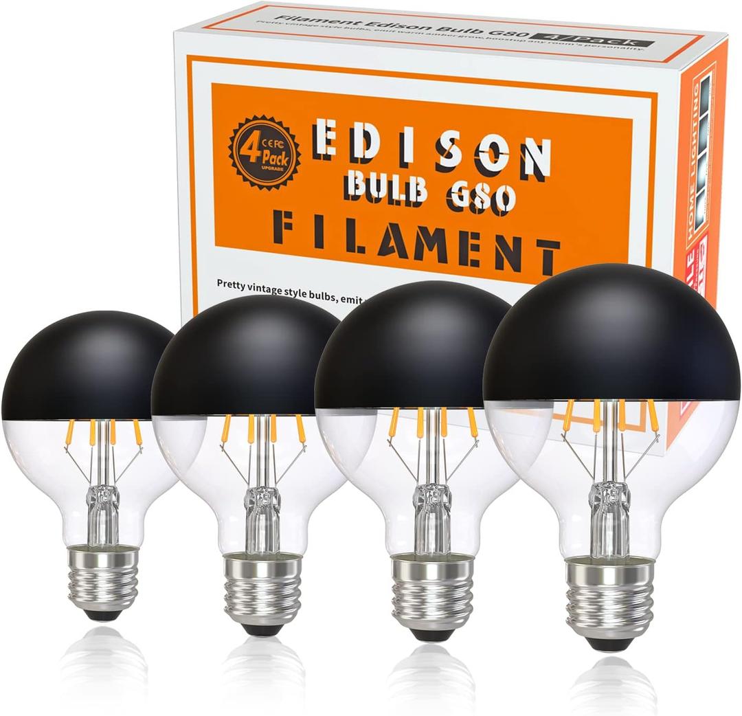 Half Chrome Light Bulb, Dimmable 6W (Equivalent 60 Watt) LED Edison Bulbs,G25/G80 Half Black Dipped, Globe Shape 2700K Warm White, Decorative Light Bulb CRI 90+ E26 Base Pack of 4 (Black)