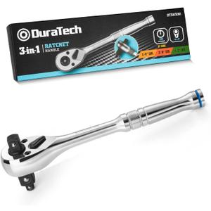 DURATECH 3-IN-1 Ratchet Handle, 1/4 ", 3/8 ", 1/2" Drive Ratchet Wrench, 72-Tooth, Reversible Switch, Full-Polished Chrome Plating, Alloy Steel