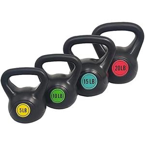 BalanceFrom Vinyl Kettlebell Set, 5/10/15/20 Pound Options – Cement-Filled Strength Training Weights with Ergonomic Grip and Color Coding for Full Body Fitness at Home or Gym