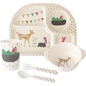 Qshare Bamboo Toddler Dinnerware Set,5Pcs Baby Plates Set,Bamboo Plates and Bowls Set,Christmas Dinnerware Set, Kids Dishes with Plate,Bowl,Cup,Fork and Spoon