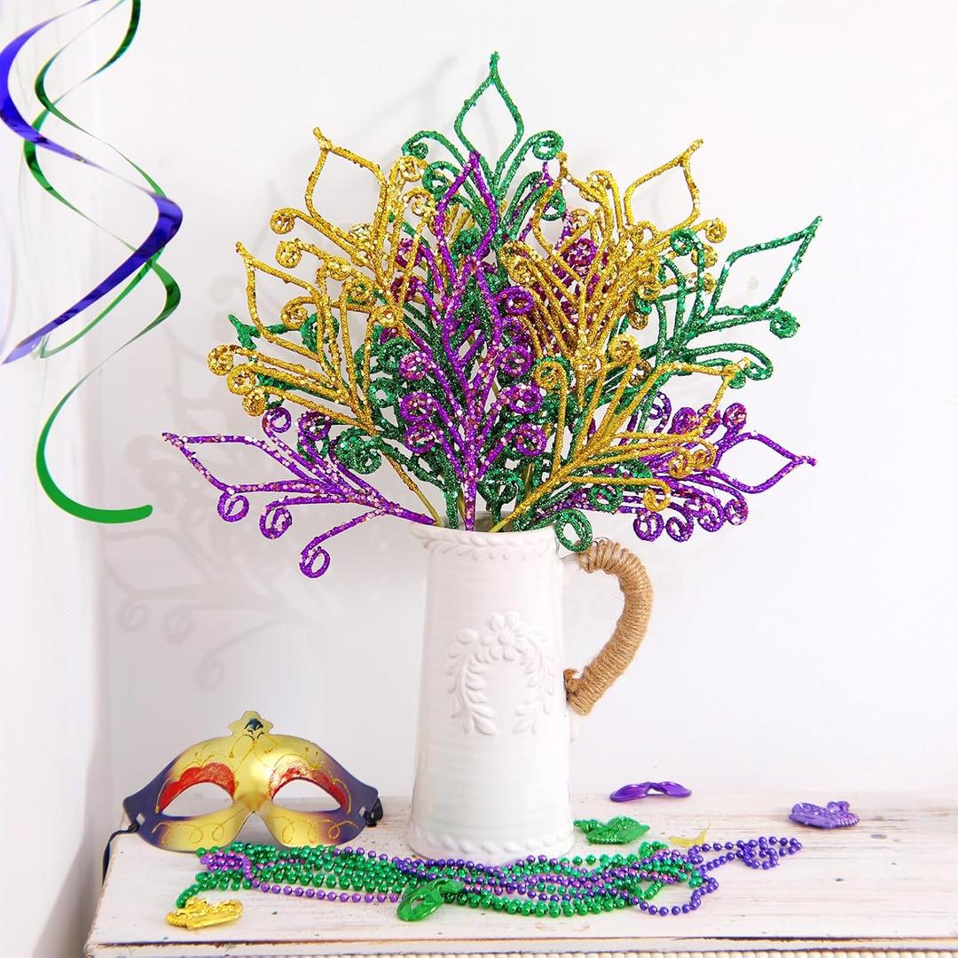 8 Pcs Mardi Gras Decoration Carnival Picks Ornaments Artificial Glitter Berry Stems Tree Decor 15.75 Inches Purple Green and Gold Branches for Mardi Gras Tree Table Party Decor(Pointed)
