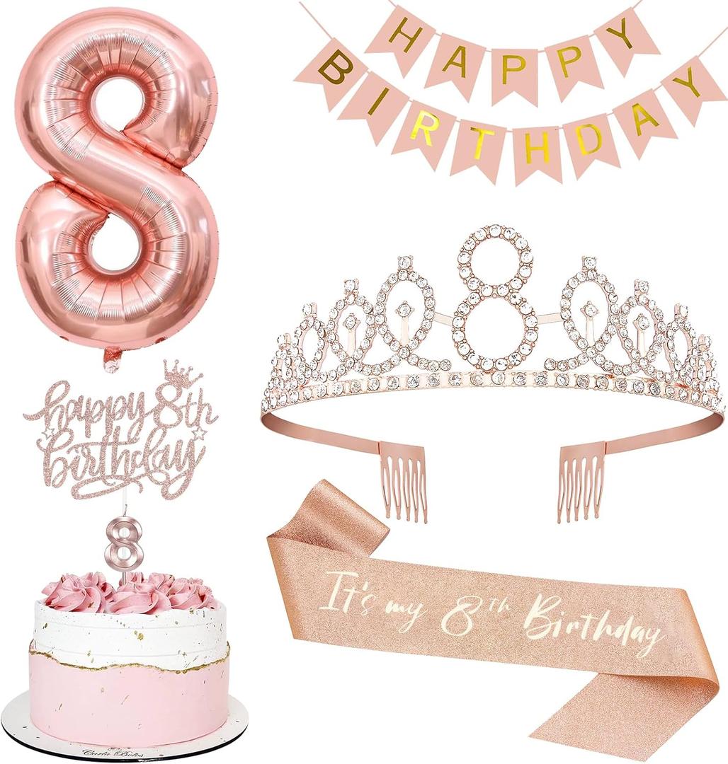8th Birthday Decorations Set, Including 8th Tiara and Sash, Happy Birthday Banner, Cake Toppers, Number Candles and Balloons Set, Rose Gold