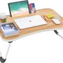 BUYIFY Folding Lap Desk, 23 Inch Portable Wood Yellow Laptop Bed Desk Lap Desk with Cup Holder, for Working Reading Writing, Eating, Watching Movies for Bed Sofa Couch Floor