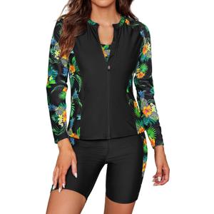 SHEKINI Women's 3 Piece Rash Guard Long Sleeve Swimsuits Zip Bathing Suits with Pants UPF 50+ Shirt (XX-Large, Black/Pineapple)