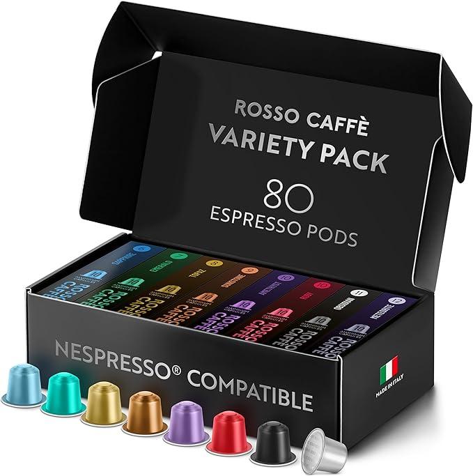 ROSSO CAFFÈ Nespresso Capsules 80 Pieces Aluminium Reserve Edition, 8 Premium Espresso Varieties Mix Pack, Nespresso Compatible Coffee Capsules, Made in Italy, Compatible with Original Machines BB 04/2027