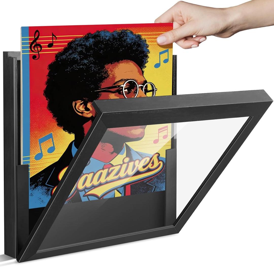 tutata Vinyl Record Frame, Wall-Mounted Record Album Frame, Front-Opening Record Shadow Box, Holds Up to 8 Albums, for 12x12 Inch LP Album Cover, Black