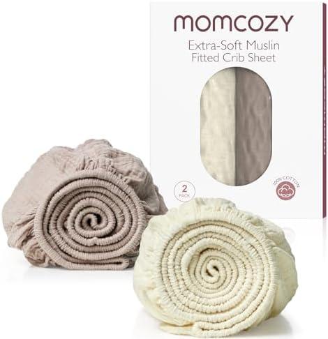 Momcozy Muslin Fitted Mini Crib Sheets, 38"x26", 2 Pack Soft Breathable Natural Cotton Baby Mattress Sheet, 360° Mattress Wrapping No Slip Boys Girls Neutral Toddler Bed Sheet, Beige Coffee Red