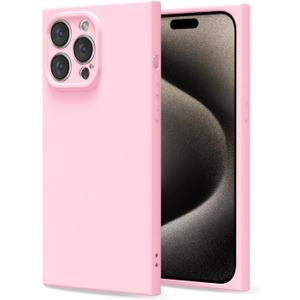 For iPhone 15 Pro Max Case Silicone, Rectangle Edge Cute Y2k Phone Case for Women Girl, Thin Protective Aesthetic Girly Design Soft Rubber with Camera Cover, Pink