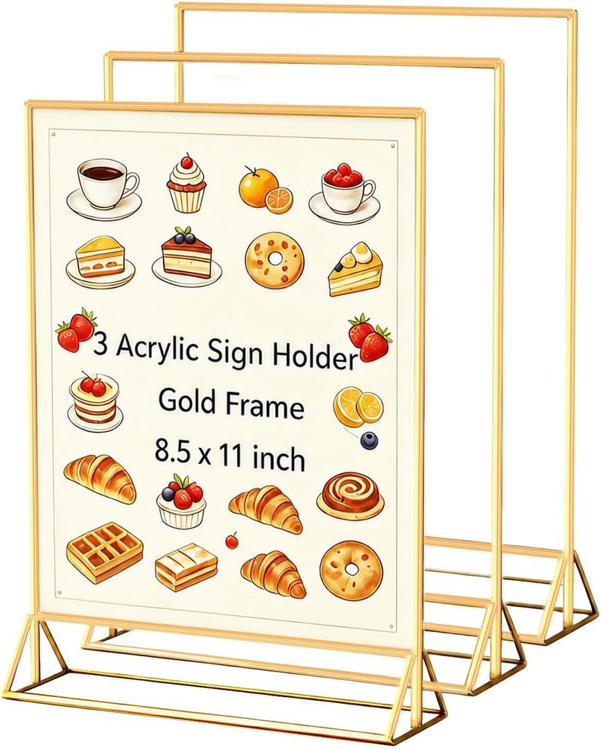 3 Pack Gold Acrylic Sign Holder 8.5 x 11 Inches, Double Sided Vertical Table Top Stand for Wedding Table Numbers, Nail Salon Price Lists, Vendor Booth, Business Store & Party Tabletop Display