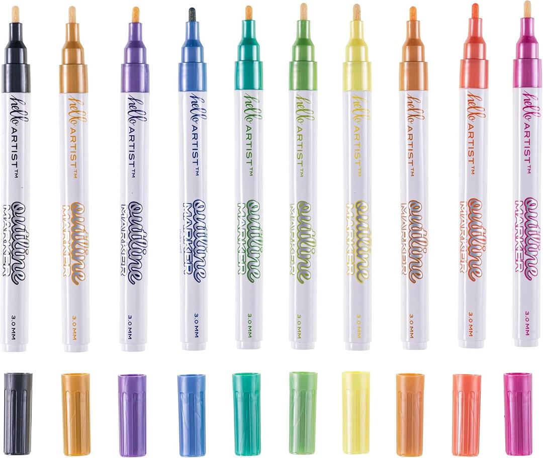 Hello, Artist! Outline Markers, 10 Pieces, Beautiful Two-Color Effects, Metallic Colors