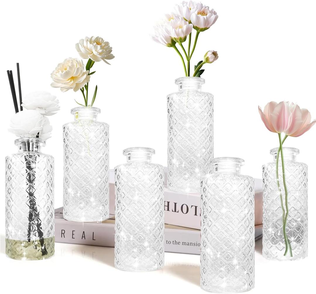 Glass Flower Vase, Aromatherapy Bottle, Small Vase, 6 Sets, Simple, White Transparent, for Birthday, Anniversary, Wedding, Home Decoration