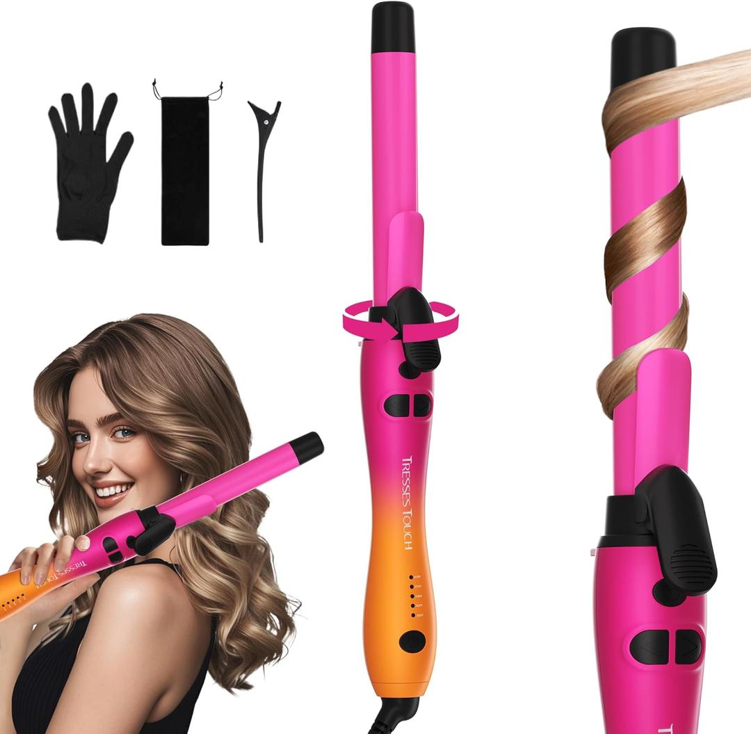 Extra-Long Barrel Rotating Curling Iron with Short Clamp, Automatic Curling Iron 1 Inch Creates Loose Curls  for Medium and Long Hair, High Heat 410F, Instant Heat up, Double Ceramic, Dual Voltage (Rose and Orange)
