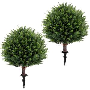 Artificial Cedar Topiary Ball Tree 23" with Ground Spike, Set of 2 Artificial Boxwood Bushes for Faux Shrubs, Fake Evergreen Faux Plant for Indoor Outdoor Porch Garden- UV Resistant  Fade-Proof
