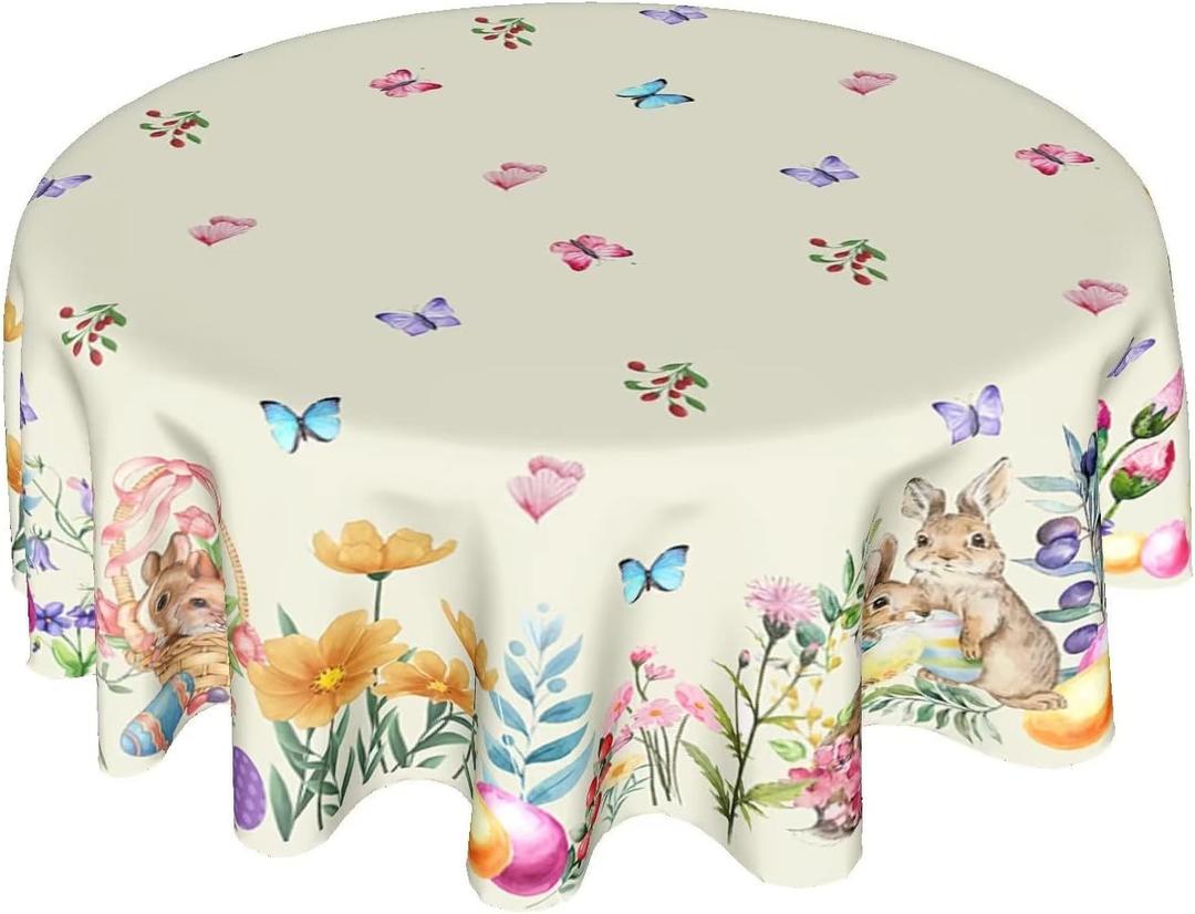 Easter Bunny Tablecloth Round 60 Inch Spring Floral Tablecloth Easter Rabbit Circle Table Cloth Farmhouse Table Cover for Dining Room Kitchen Holiday Party Decor