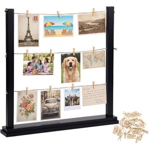 Cinnvoice Desk Photo Display Board with Clips Wooden Picture Collage Board 2026 Graduation Wedding Black Photo Collage Frame Tabletop Picture Postcard Display Stand Decor for Anniversary Home, 15 inches
