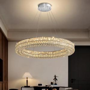 Modern Luxury Crystal Chandelier for Dining Room 32" LED Ring Pendant Light Adjustable Dimmable 2700k-6000k (Silver)