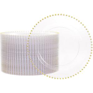 supernal 100 Pieces Clear Plastic Plates, 10 Inch Elegant Disposable Plates with Gold Rim, Heavy Duty Plastic Dinner Plates for Party, Wedding and Birthday