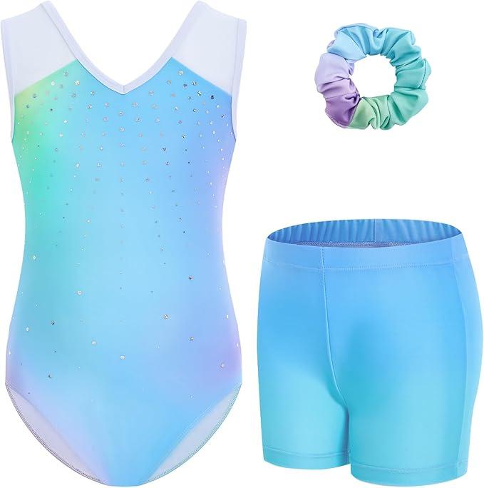 Gogokids Girls Gymnastics Leotard Set with Shorts, Sparkly Rhinestone Gradient Mesh Dance Outfit for Ballet Training, Gradient Pink, 3-4 Years