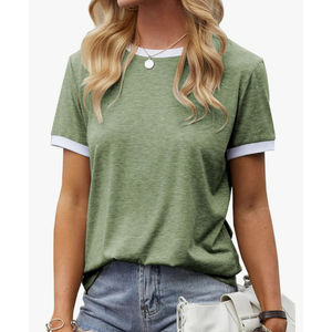 Womens T Shirt Short Sleeve Crew Neck Basic Color Block Tee Tops Size L