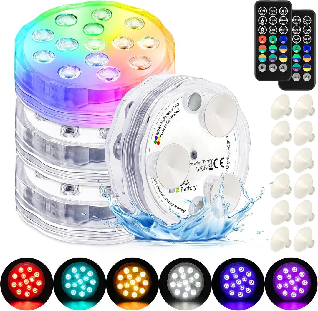 Pool Lights Submersible LED Light with Remote, Waterproof Pond Lights with Upgrade Suction Cups,Magnets, 16 Changeable Colors 3.35'' Battery LED light for Underground Pool Fountain Pond Aquarium (4 Pieces RGBW Large)